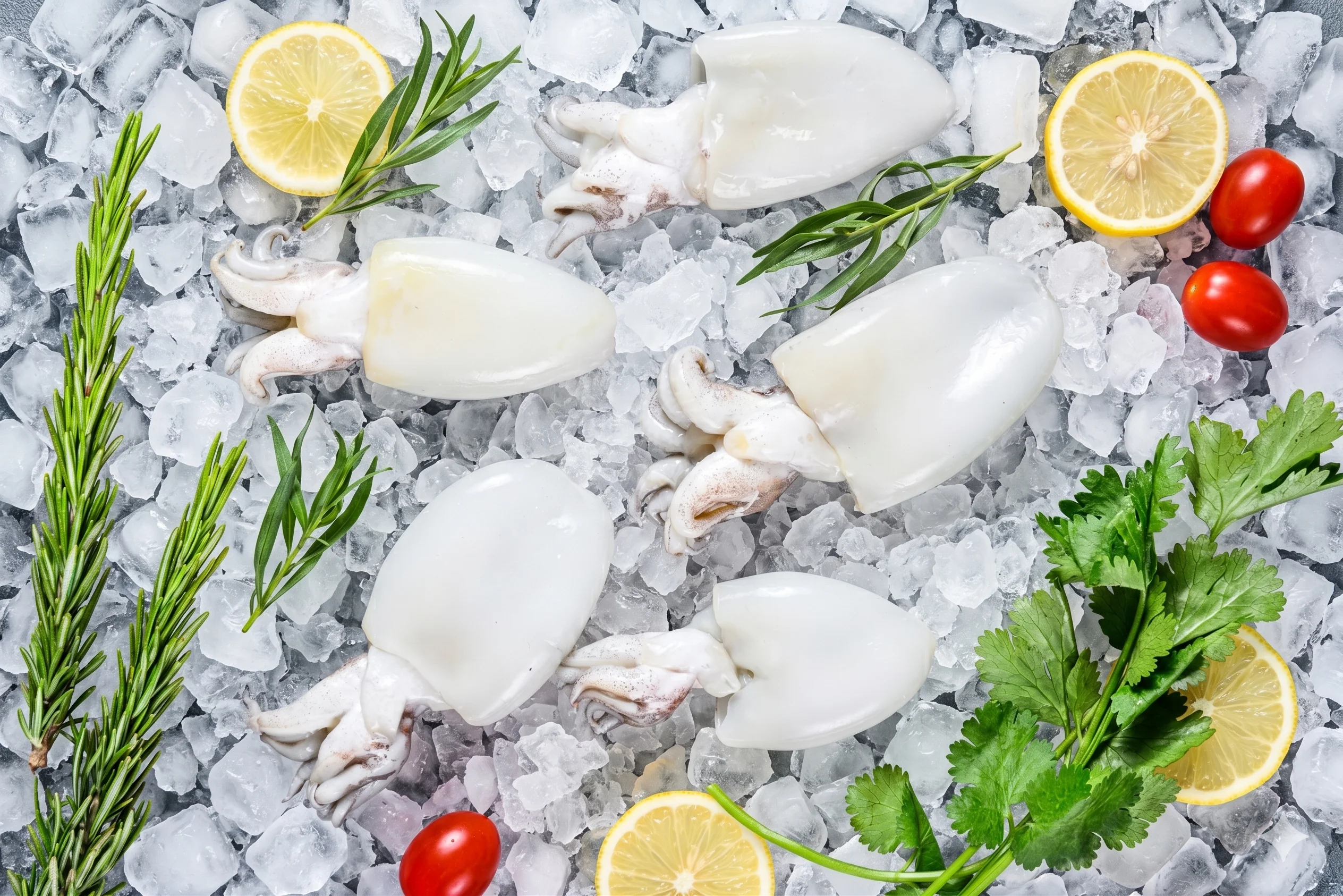 Seppie pulite e bianche De.Ga Fish disposte su un letto di ghiaccio tritato con fette di limone e prezzemolo fresco.