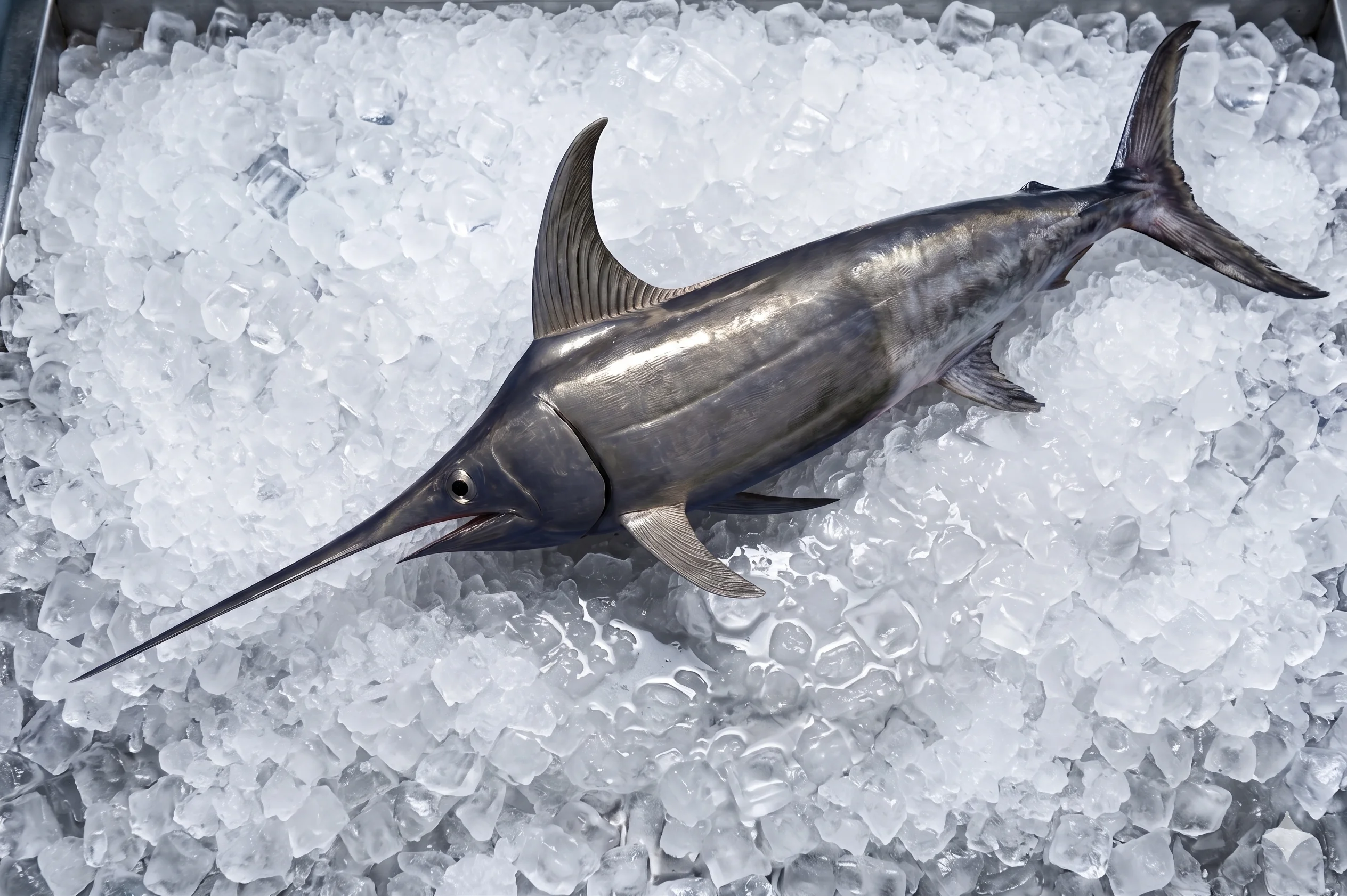Pesce spada intero abbattuto a bordo e conservato su ghiaccio tritato, per la linea di prodotti ittici De.Ga Fish.