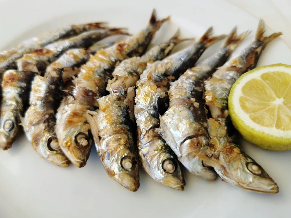 Sarde surgelate intere disposte su un piatto con spicchi di limone, distribuite da De.Ga Fish per i mercati del Nord Italia.